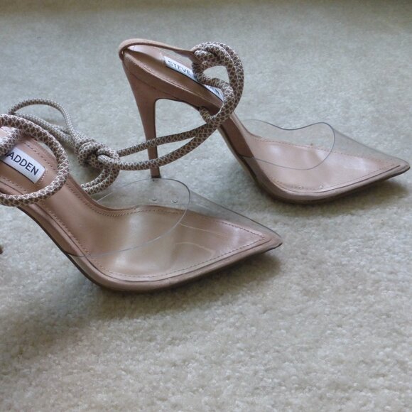 STEVE MADDEN clear vinyl & nude faux suede pointy toe heels with long ties - Picture 8 of 10